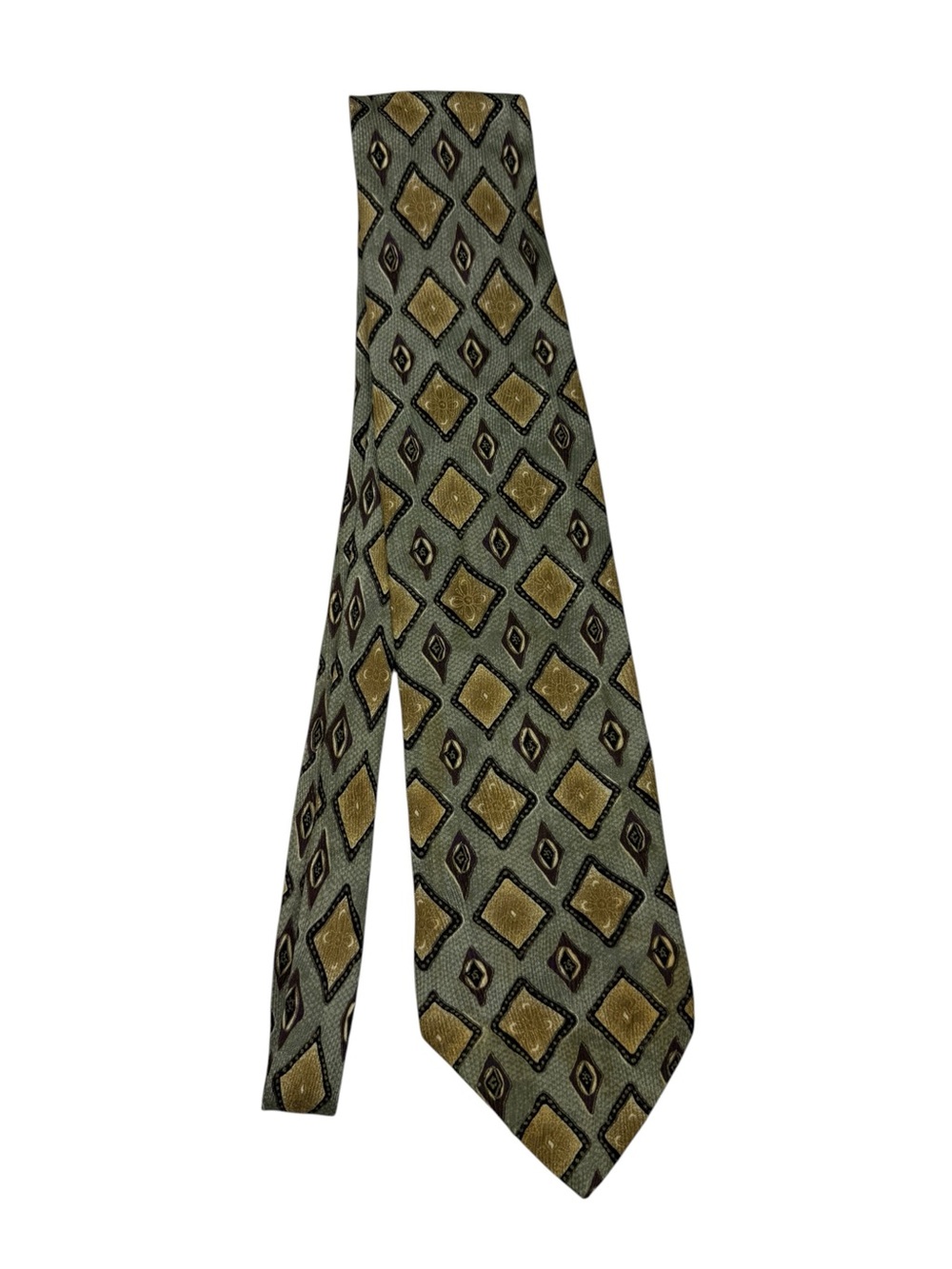 Vintage Italian Silk Men's Geometric Pattern Silk Tie in Olive and Gold